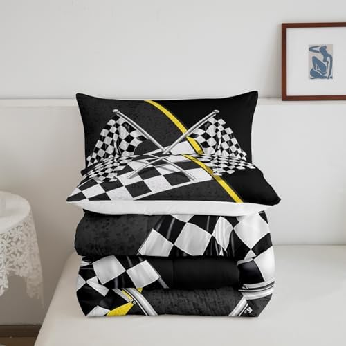 Manfei Race Car Flag Comforter Set King Size, Black White Checkered Flag Bedding Set 3pcs for Kids Boys Girls, Racing Game Sport Theme Quilt Set Abstract Plaid Duvet Set with 2 Pillowcases