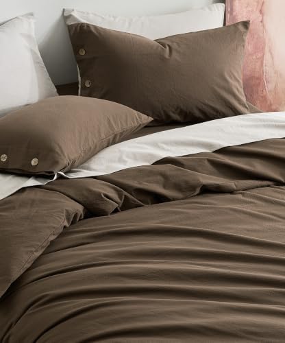 JELLYMONI 100% Washed Cotton Fall Brown Duvet Cover Full, Linen-Like