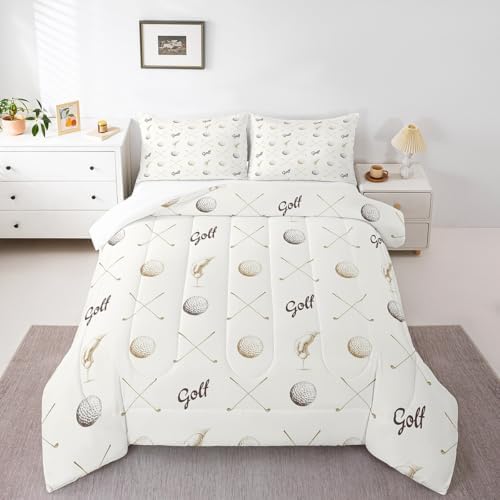 Golf Comforter Set Full Size for Kids Teens Adults Men Home Room Decor,Ball Sports Game Lovers Bedding Set 3pcs,Gray Brown Sketch Golf Quilt Set Seasons Soft Bedspread with 2 Pillowcases