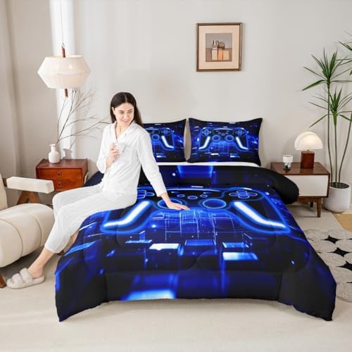 Erosebridal Gamer Comforter Set Gaming Girl Toddler Bedding Set, Neon Lights Video Game Console Comforter Blue Brick Cube Quilt,Gamer Decor for Boys Bedroom