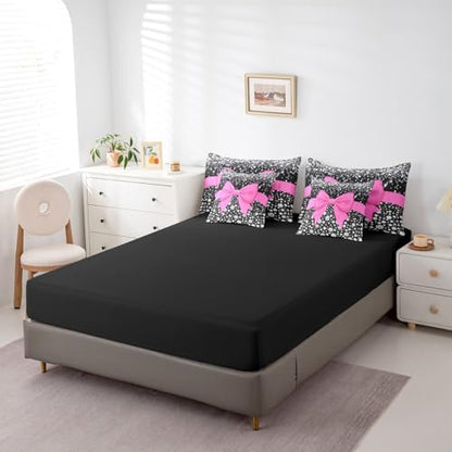 Hot Pink Bowknot Bed in a Bag King Size Comforter Set 7 Pieces,Cute Bow Knot Sheet Set,Kawaii Silk Ribbon Bedding Set,Glitter Sequin Print Diamond Bed Set Dreamy Princess Style Hot Pink Dorm Decor
