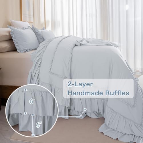 Masaca Oversized King Comforter 128x120,3 Pieces Vintage Farmhouse Ruffled Bedding Comforter Set Lightweight Ultra Soft French Country Bedding (1 Light Blue Ruffle Comforter +2 Pillowcases)