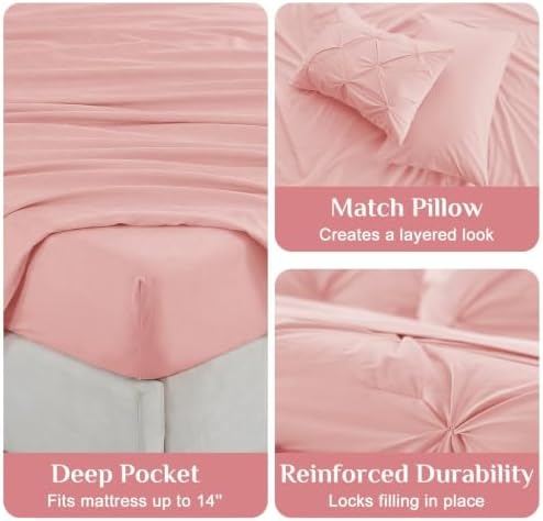 JOLLYVOGUE Queen Comforter Set 7 Pieces - Bed in a Bag Queen for All Season, Pintuck Bedding Comforter Sets with Comforter, Flat Sheet, Fitted Sheet and Pillowcases & Shams, Pink