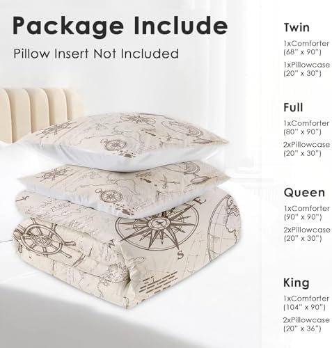 Pamnest Comforter Set Full Size, Adventure Map Vintage Soft 3 Pcs Bedding for Kids and Adults, Rose Nautical Pirate Comforter Set with 2 Pillowcases, for Bedroom Bed Decor
