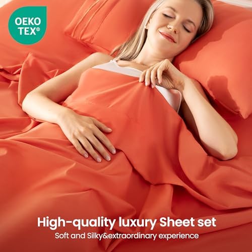 ROSE&RISY Orange Red Queen Sheet Set, 4 Pieces Soft Bedding Queen Sheet Set, Breathable and Cooling Sheet Bed Set,Includes 1 Fitted, 1 Flat, 2 Pillow Cases - Deep Pocket (Orange Red, Queen Size)