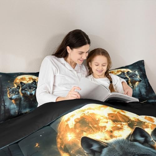 Wolf Kids Comforter Set Full Size,Pine Trees Moonlight Rustic Bedding Set,Girls Boys Room Decor,Wildlife Animals Adventure Lake House Quilt Comforter,Farmhouse Country Duvet Insert,2 Pillowcases
