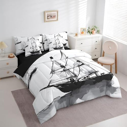 Erosebridal 7Pcs Sailboat Comforter Set Full Size,Retro Ink Wash Painting Bedding Set,Navigation Ship Bed in A Bag,Nautical Ocean Sheet Set with Comforter