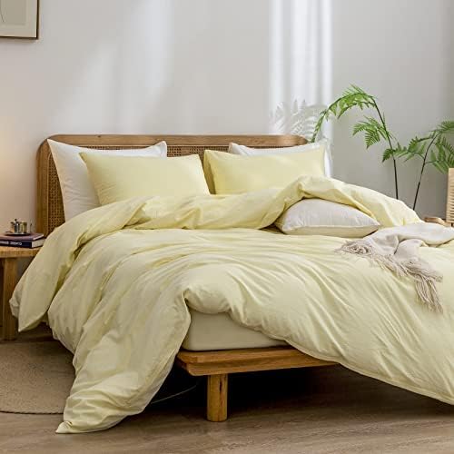 BESTOUCH Cotton Solid Duvet Cover Set Linen Feel Light Yellow Twin