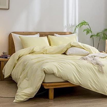BESTOUCH Cotton Solid Duvet Cover Set Linen Feel Light Yellow Twin