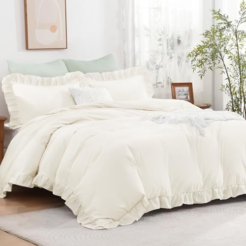 Andency Ivory Ruffle Duvet Cover Full, Shabby Chic Farmhouse Bedding Set