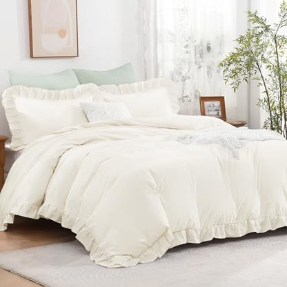 Andency Ivory Ruffle Duvet Cover Full, Shabby Chic Farmhouse Bedding Set
