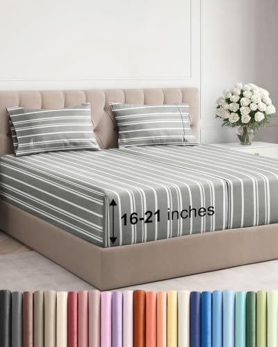 Extra Deep Split King Sheet Set - Breathable & Cooling - Grey Stripes