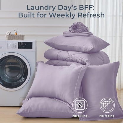 HEVUMYI 7-Piece King Comforter Set, Light Purple Bed in a Bag