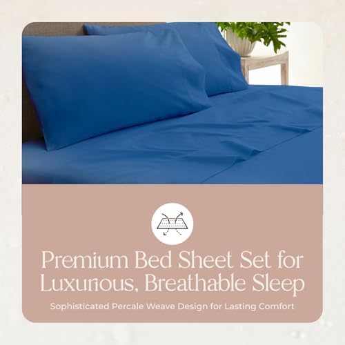 100% Organic Cotton Sheets Cal King - GOTS Certified Cotton Percale Sheets with Crisp Cool & Breathable Percale Weave Perfect for Hot Sleepers - Durable Luxury 4 Piece Set (Blue, Full)