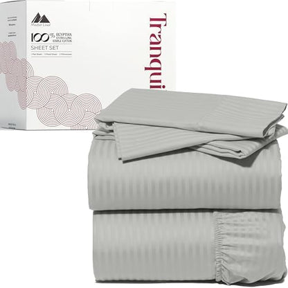 Mayfair Linen 100% Egyptian Cotton California King Sheet Set - Luxury 800 Series Striped Egyptian Cotton Cal King Sheets (4 PC, Silver Stripe), Silky Soft Cooling 16" Deep Pocket Damask Hotel Sheets