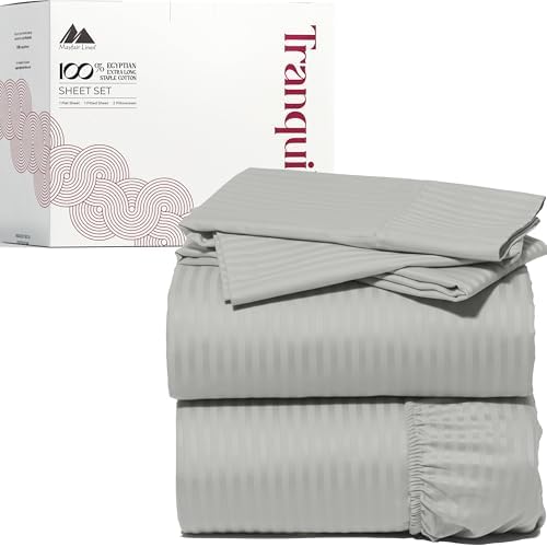 Mayfair Linen Egyptian Cotton Sheets King Size - Luxury 800 Series High Thread Count King Sheets (4 PC, Silver - Stripe) Soft Cooling 16" Deep Pocket Hotel Quality Bed Sheet Set - Tranquil Collection