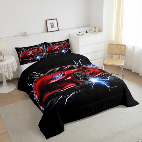 Erosebridal Race Car Toddler Comforter Set for Boys Teens Red Sports Car Bedding Set Cool Speed Car Down Comforter Extreme Sports Theme Quilt White Lightning Decor Duvet Insert with 1 Pillowcase