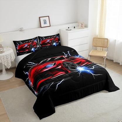 Erosebridal Race Car Twin Comforter Set for Boys Teens Red Sports Car Bedding Set Cool Speed Car Down Comforter Extreme Sports Theme Quilt White Lightning Decor Duvet Insert with 1 Pillowcase