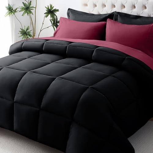 JOLLYVOGUE Twin XL Comforter Set, Ultra-Soft Bed in a Bag Twin XL Size 5 Pieces, Oeko-TEX Certified Bedding Set with Down Alternative Comforter, Sheets, Pillowcases & Shams, Black & Deep Burgundy