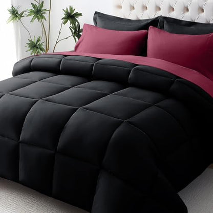 JOLLYVOGUE Twin XL Comforter Set, Ultra-Soft Bed in a Bag Twin XL Size 5 Pieces, Oeko-TEX Certified Bedding Set with Down Alternative Comforter, Sheets, Pillowcases & Shams, Black & Deep Burgundy