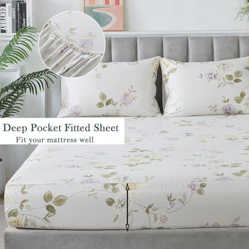 FADFAY Queen Sheets Set Percale Cotton Floral Bed Sheets Deep Pocket Fitted Sheet, Luxury Vintage Roses Floral Printed Shabby Bedding for All Season,Super Soft Crisp & Breathe,4pcs