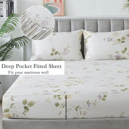FADFAY Queen Sheets Set Percale Cotton Floral Bed Sheets Deep Pocket Fitted Sheet, Luxury Vintage Roses Floral Printed Shabby Bedding for All Season,Super Soft Crisp & Breathe,4pcs