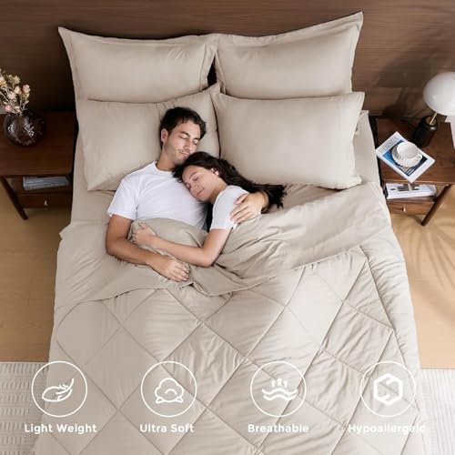 HEVUMYI 7-Piece Oversized King Comforter Set, Beige Bed in a Bag