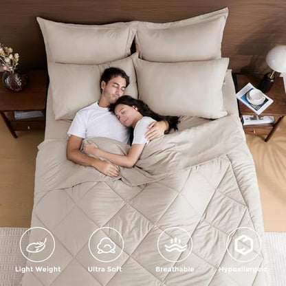 HEVUMYI 7-Piece Oversized King Comforter Set, Beige Bed in a Bag