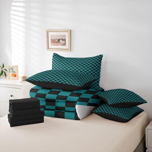 jejeloiu Teal Checkerboard Comforter Set with Sheets 7 Piece Queen Size