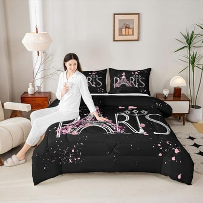 Feelyou Eiffel Tower Comforter Set Chic Paris Bedding Set Romantic Theme Comforter for Boys Girls Children Teens Black Pink Bedroom Decor Modern French Style Duvet Set King Size with 2 Pillow Case