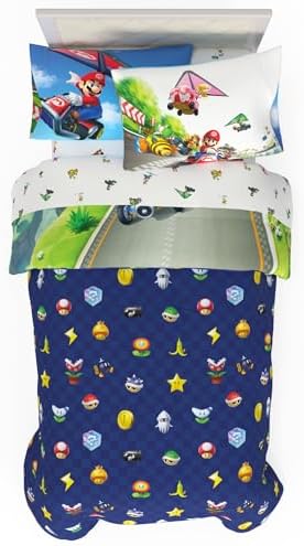 Super Mario Kart Game Kids Bedding Set, Twin Size, 4-Piece Super Soft Cozy Reversible Comforter & Sheet Set (Officially Licensed Product) by Franco