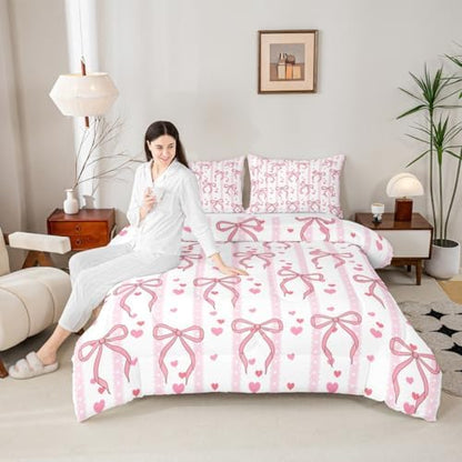 Castle Fairy Cute Pink Bows Comforter Set Queen Size,Dreamy Princess Style Down Alternative Adults Room Decor,Romantic Pink Ribbon Ultra Soft Microfiber Inner Fill 3Pcs Bedding