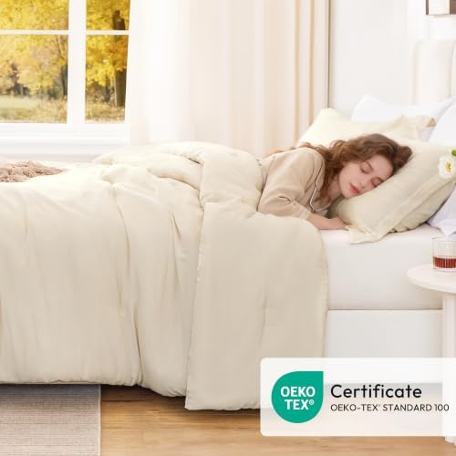 Love's cabin Beige Queen Comforter Set, 3-Piece Prewashed Bed Set