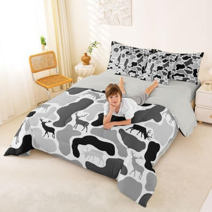 Erosebridal Camo Bed in A Bag 7 Pcs Wild Hunting Deer Comforter Set for Kids Boys Girls Vintage Grey Black Bedding Sets Full Wildlife Camouflage Sheet Set with Comforter