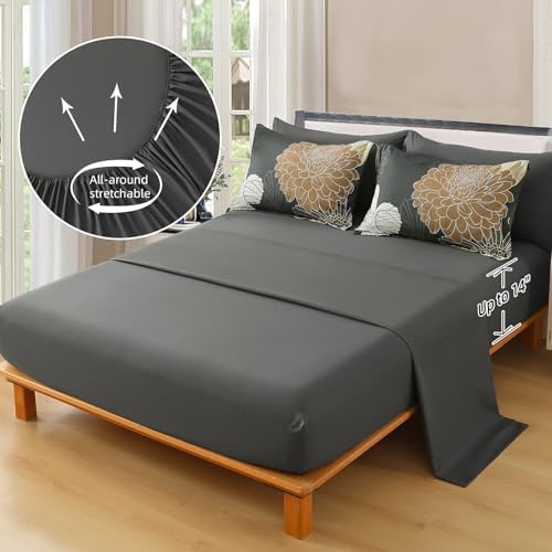 Yiran Queen Khaki Grey Brown Comforter Set - 7 Pieces Floral Bedding Sets,Bed in a Bag Soft Microfiber Comforter with Flat Sheet Fitted Sheet Pillowshams Pillowcases