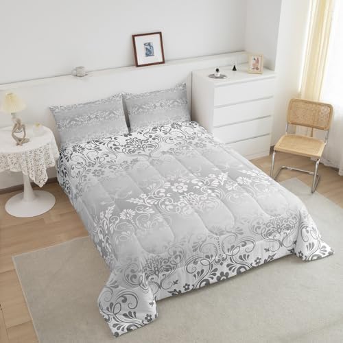 Feelyou Silver Gothic Damask Floral Comforter Set Full Size Bedding Set