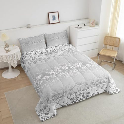 Feelyou Silver Gothic Damask Floral Comforter Set Full Size Bedding Set
