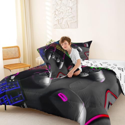 Feelyou Gamer Bedding Set Soft for Boys Girls, Gaming Comforter Set Queen Size Game Room Decor Duvet Quilt Microfiber Gamepad Bedroom Decor Purple Yellow 3 Pcs with 2 Pillow Cases
