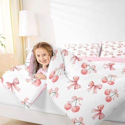 jejeloiu Watercolor Bow Kids Comforter Set King Size Lovely Pink Cherry Bedding Set Dreamy Princess Style Duvet Quilt for Kids Boys Girls Bedroom Decor Microfiber Ultra Soft Breathable