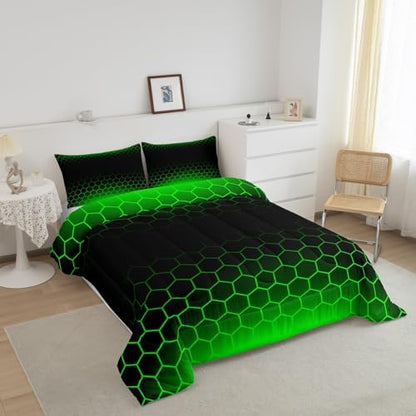 Feelyou Green Black Ombre Honeycomb Comforter Queen Size for Boys Girls, Geometrics Hexagon Comforter Set Abstract Green and Black Bedding Set Hexagonal Duvet Set Microfiber Bed Set