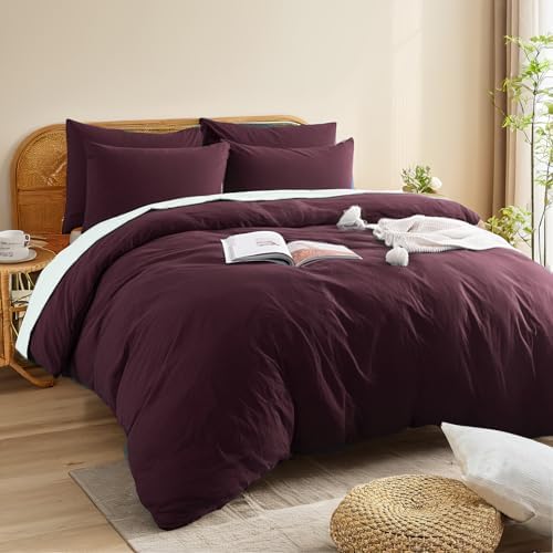 NEXHOME PRO Duvet Cover Set 100% Washed Cotton Super Queen, Linen Feel 3 PCs Home Bedding Set with Zipper Closure,Breathable, Organic Natural Duvet Cover 9098