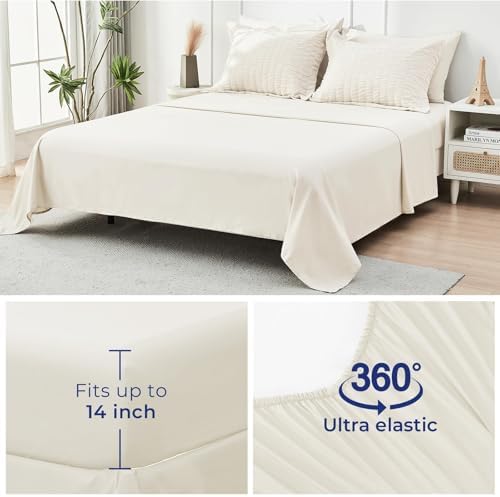 HYMOKEGE Ivory Oversized King Comforter Set Seersucker 7 Pieces, All Season Luxury Bed in a Bag for Bedroom, Bedding Set with Comforter, Sheets, Pillowcases & Shams