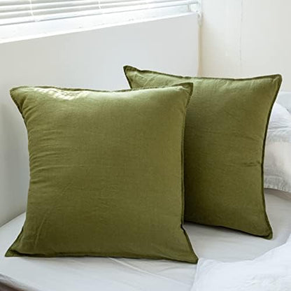 Simple&Opulence 100% Washed Linen Euro Shams 26'' x 26'' Pack of 2, Basic Style Solid Color Natural Flax Farmhouse Decorative Square Throw Pillow Covers for Bed Couch Sofa - Olive Green