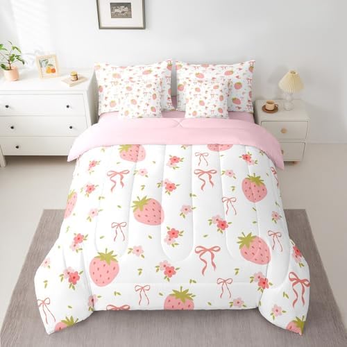Pink Strawberry Bed in a Bag King Size Comforter Set 7 Pieces,Cute Ribbon Bowknot Sheet Set,Kawaii Bow Knot Bedding Set,Dreamy Princess Girly Bed Set Boho Floral Flowers Pink Decor for Bedroom