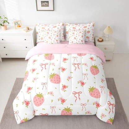 Pink Strawberry Bed in a Bag King Size Comforter Set 7 Pieces,Cute Ribbon Bowknot Sheet Set,Kawaii Bow Knot Bedding Set,Dreamy Princess Girly Bed Set Boho Floral Flowers Pink Decor for Bedroom
