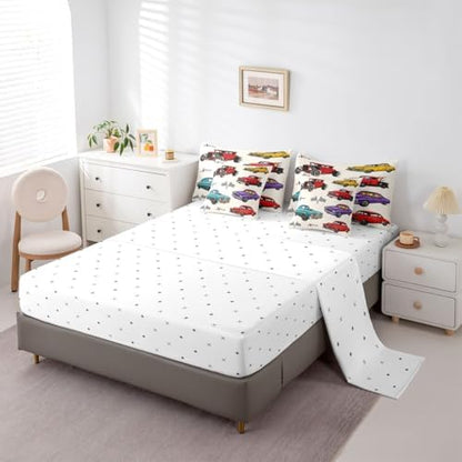 Feelyou Vintage Car Bedding Set 7 Piece Full Size Retro Truck Comforter Set with Sheets for Boys Girls Colorful Race Car Bed in a Bag Room Decor Breathable Soft