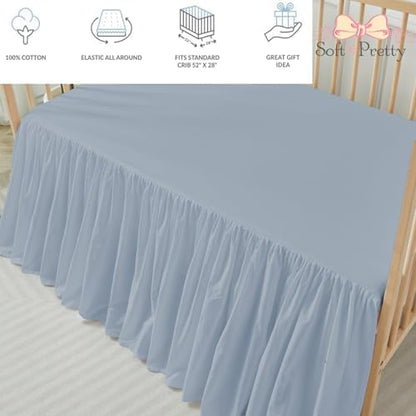 Brandream Attached Crib Skirt Sheet Girls Boys Ruffled Skirt 2-in-1 Design, 100% Cotton, Gender Neutral Crib Skirt Toddler Bedskirt Farmhouse Chic Nursery Crib Bed Skirt, Boho Bohemian Solid Mist Blue