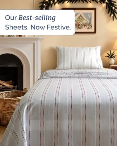 Christmas Sheet Set, Red Dot Stripe, Holiday Xmas Bedding Set - Twin Size