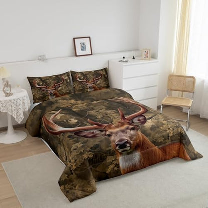 Feelyou Deer Bedding Set King Size Deer Hunting Comforter Set for Kids Boys Girls Decor Rustic Farmhouse Comforter Tree Branches Duvet Set with 2 Pillowcase 3Pcs Bedding