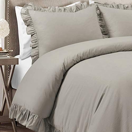 Lush Decor Reyna Ruffle Cotton Duvet Cover Set 3 Piece Set King, Gray - King Size Bedding Set - Gray Duvet King- Ruffled Bedding - Coquette Decor